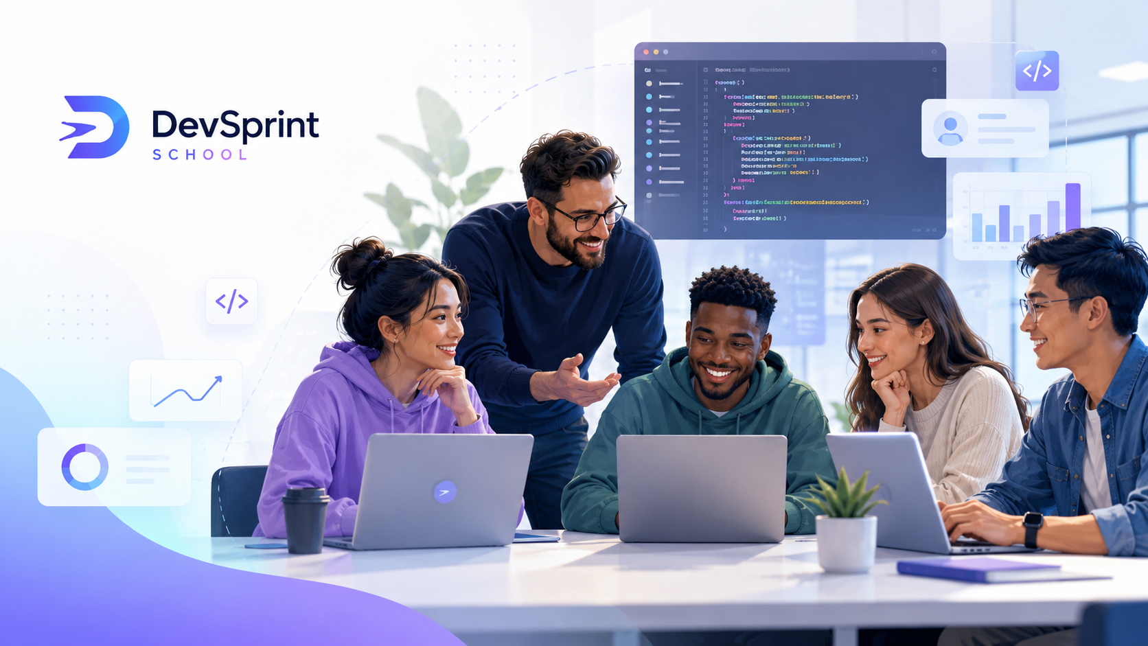 A diverse group of coding students collaborating with an instructor